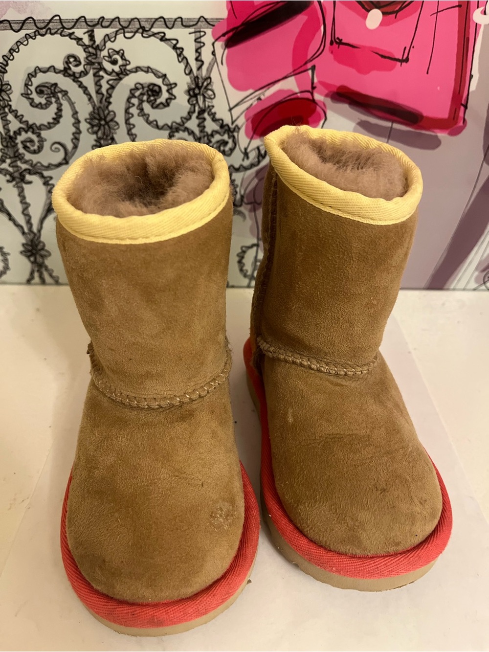 UGG Toddler Girls Size 7 Suede Short Boots with Coral, Peach, and Yellow Accent